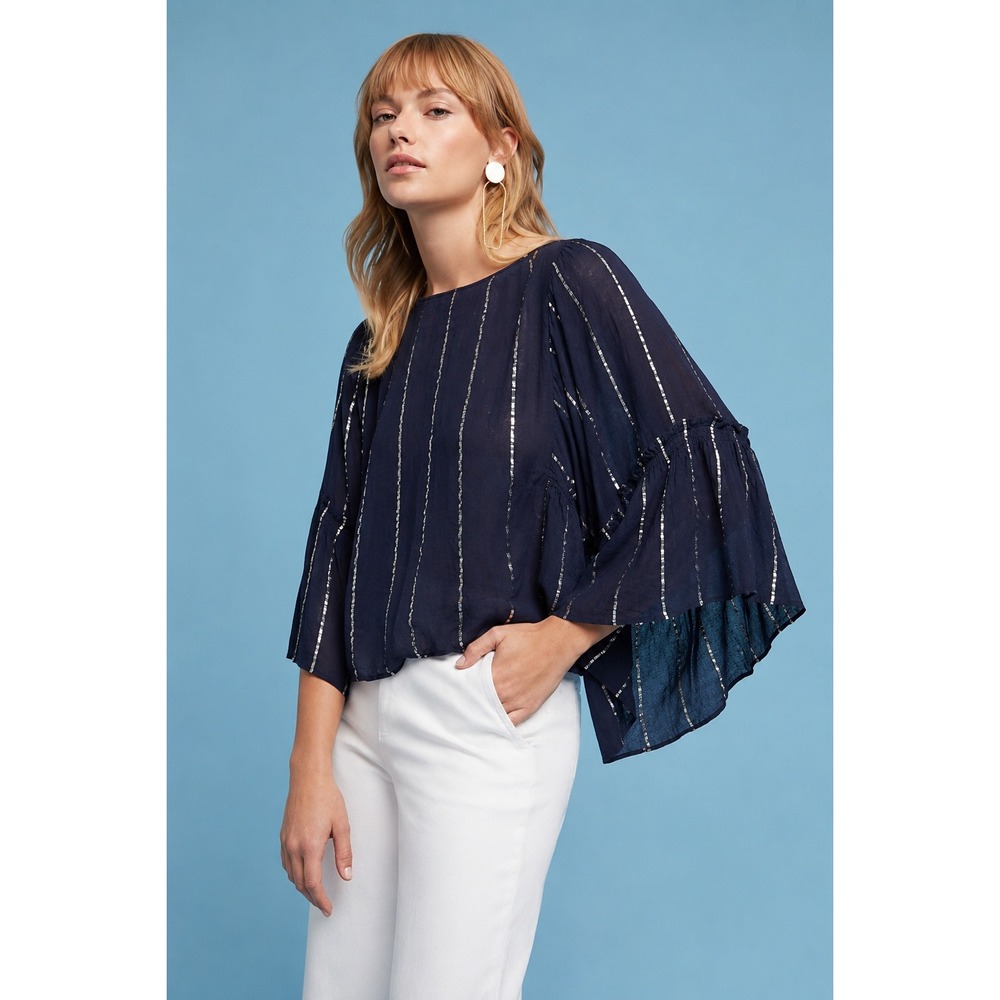 Floreat Anthropologie Navy Blue Silver Metallic Stripe Bell Sleeve‎ Blouse XS